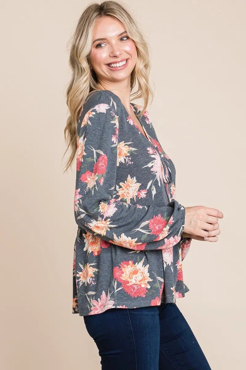 Super Lady Full Size Babydoll Floral Long Sleeve Blouse - Love Salve